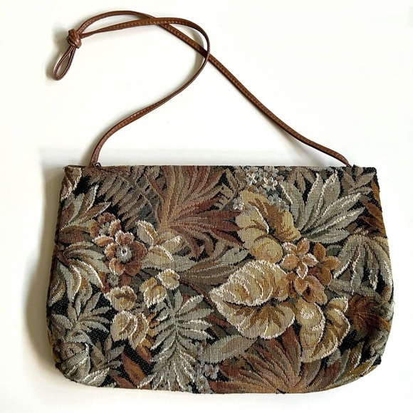 Cabrelli Handbags - Vintage Cabrelli Brown Floral Tapestry Shoulder Bag - Made In Canada
